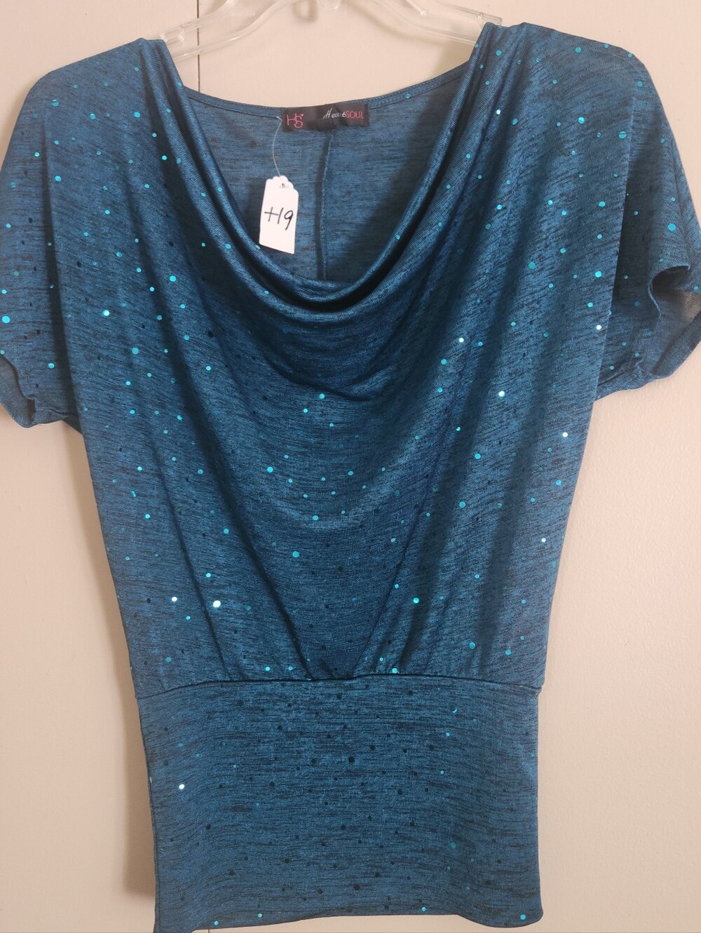 f19 Heartsoul Teal Sequin Drape Neck Top Short Sleeves & Fitted Waist